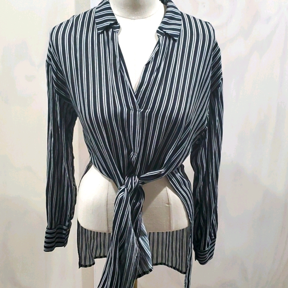 Lush Silky Tie-Front Black and White Stripes  Top